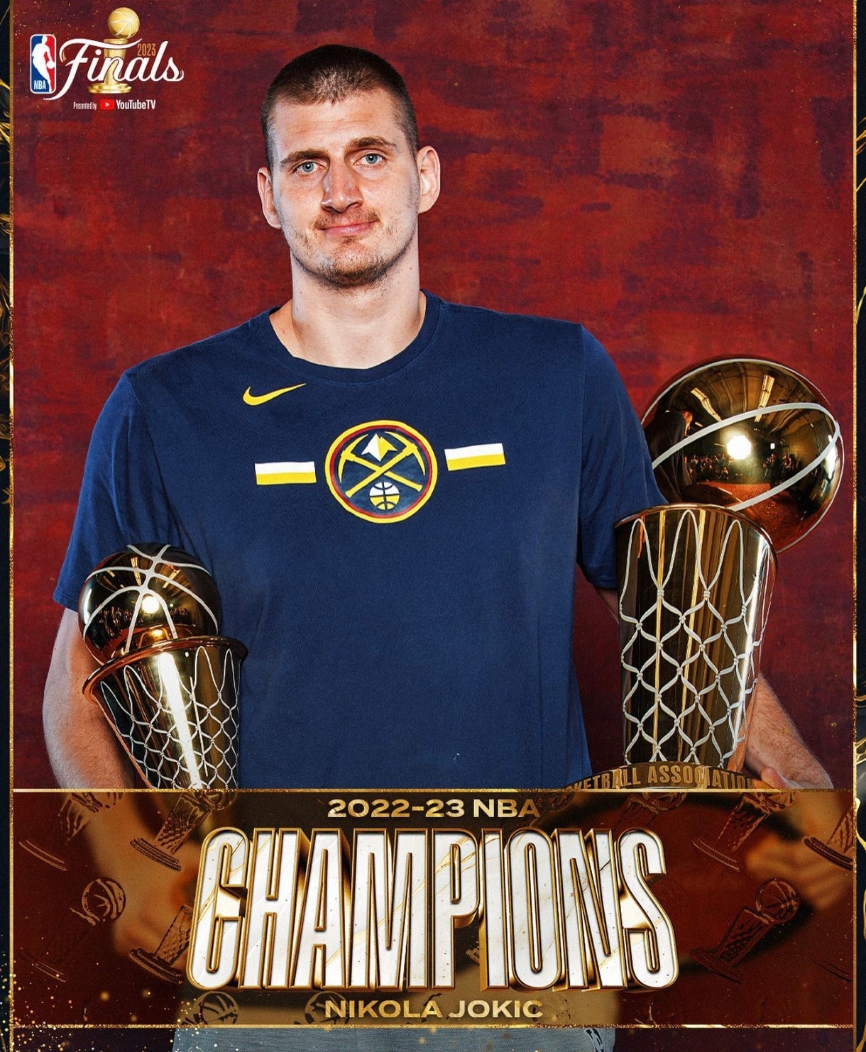 Nikola Jokić holding the Larry O'Brien NBA Championship Trophy and Finals MVP trophy